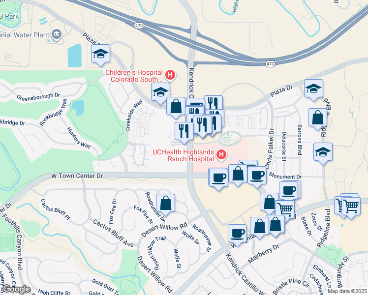 map of restaurants, bars, coffee shops, grocery stores, and more near 1744 Shea Center Drive in Highlands Ranch