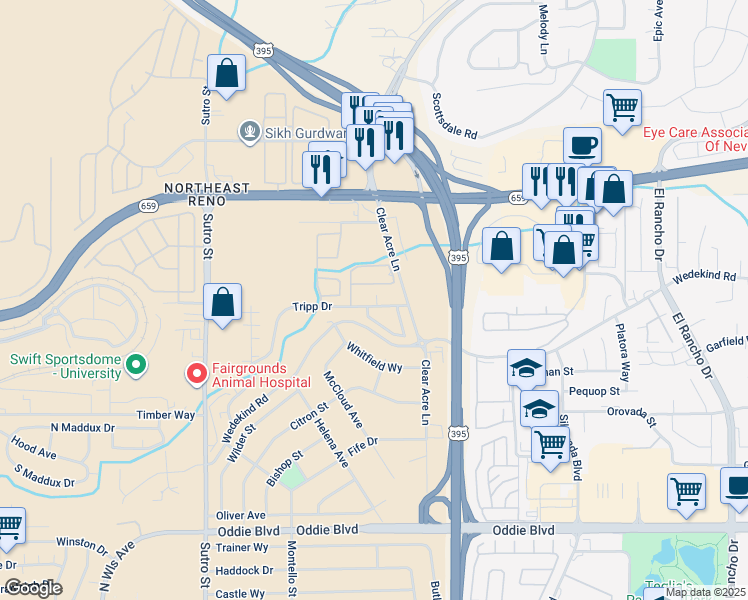 map of restaurants, bars, coffee shops, grocery stores, and more near 2361 Clear Acre Lane in Reno