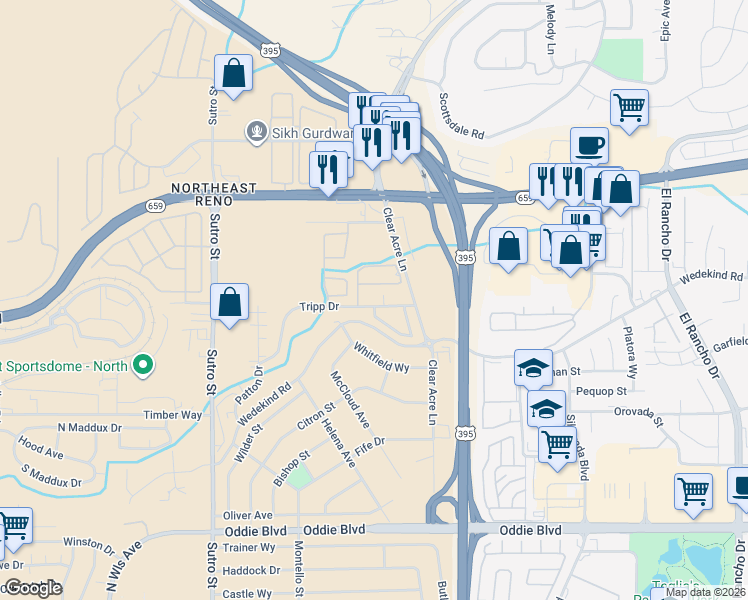 map of restaurants, bars, coffee shops, grocery stores, and more near 2361 Clear Acre Lane in Reno