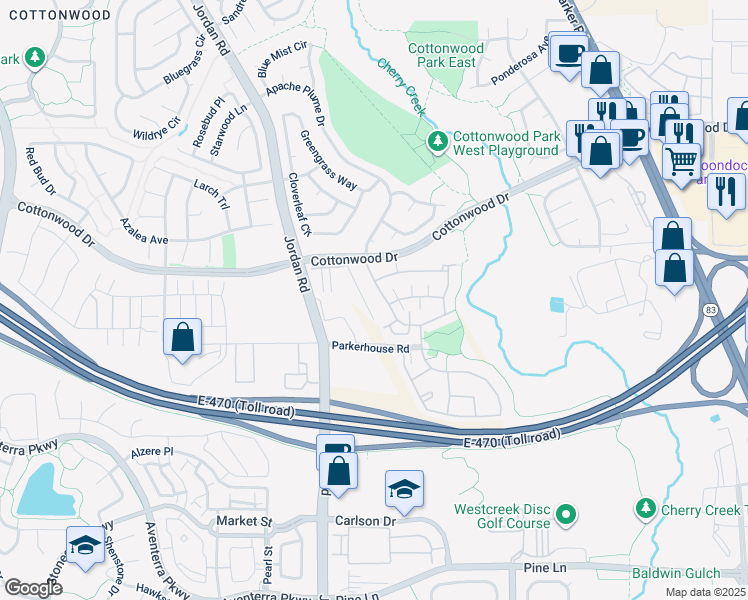 map of restaurants, bars, coffee shops, grocery stores, and more near 8999 Apache Plume Drive in Parker