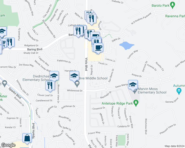 map of restaurants, bars, coffee shops, grocery stores, and more near 2446 Napoli Drive in Sparks