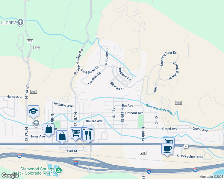 map of restaurants, bars, coffee shops, grocery stores, and more near 1249 Rimrock Drive in Silt