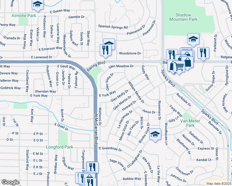 map of restaurants, bars, coffee shops, grocery stores, and more near 809 Glen Valley Drive in Sparks