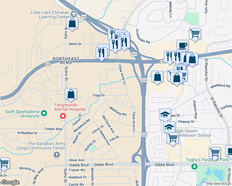 map of restaurants, bars, coffee shops, grocery stores, and more near 3481 Tripp Drive in Reno