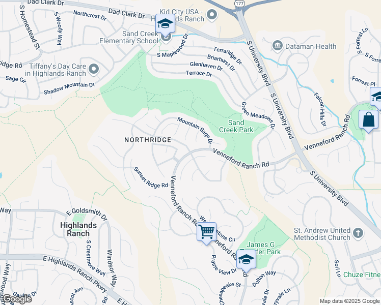 map of restaurants, bars, coffee shops, grocery stores, and more near Venneford Ranch Road & Thistle Ridge Road in Highlands Ranch