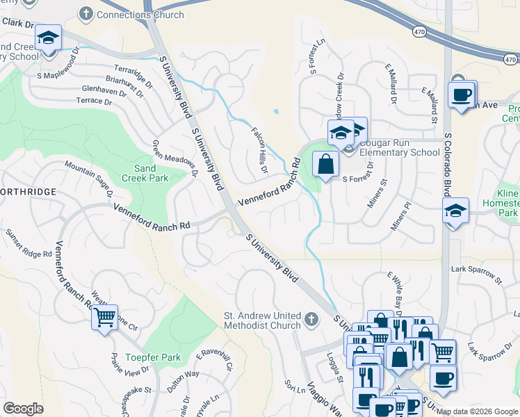 map of restaurants, bars, coffee shops, grocery stores, and more near 7 Red Tail Drive in Littleton