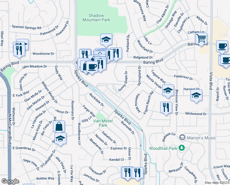 map of restaurants, bars, coffee shops, grocery stores, and more near 2415 Sunny Slope Drive in Sparks
