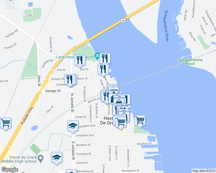 map of restaurants, bars, coffee shops, grocery stores, and more near 604 Water Street in Havre de Grace