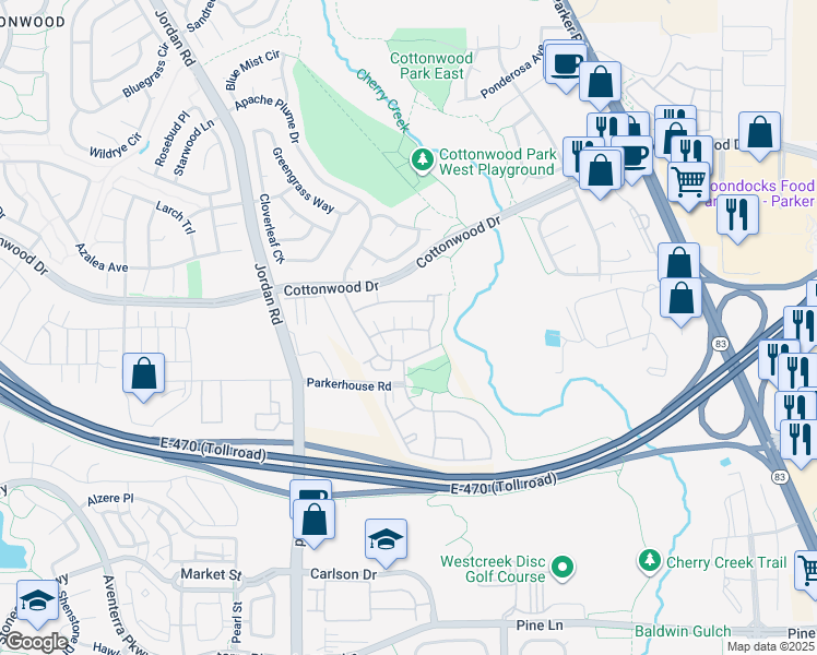 map of restaurants, bars, coffee shops, grocery stores, and more near 17358 Waterhouse Circle in Parker