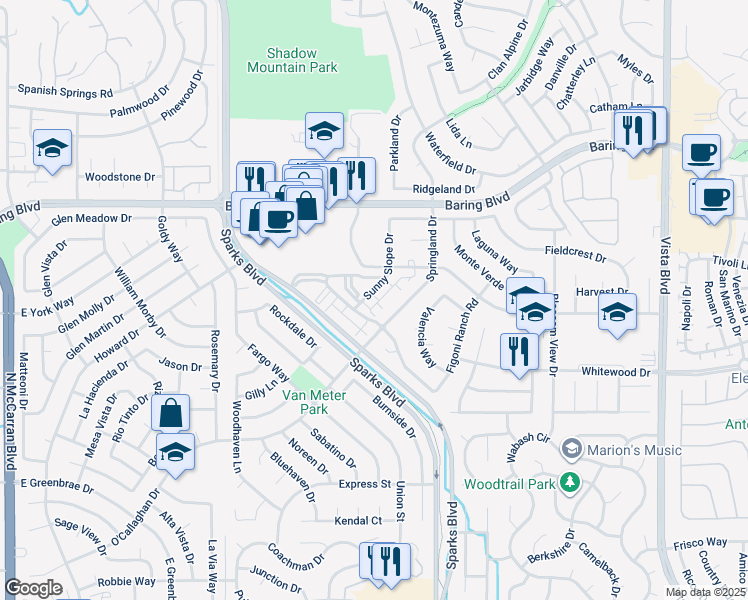map of restaurants, bars, coffee shops, grocery stores, and more near 2546 Sunny Slope Drive in Sparks