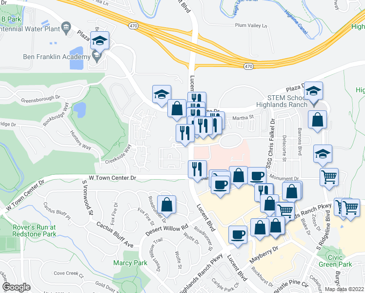 map of restaurants, bars, coffee shops, grocery stores, and more near 1744 Shea Center Drive in Highlands Ranch