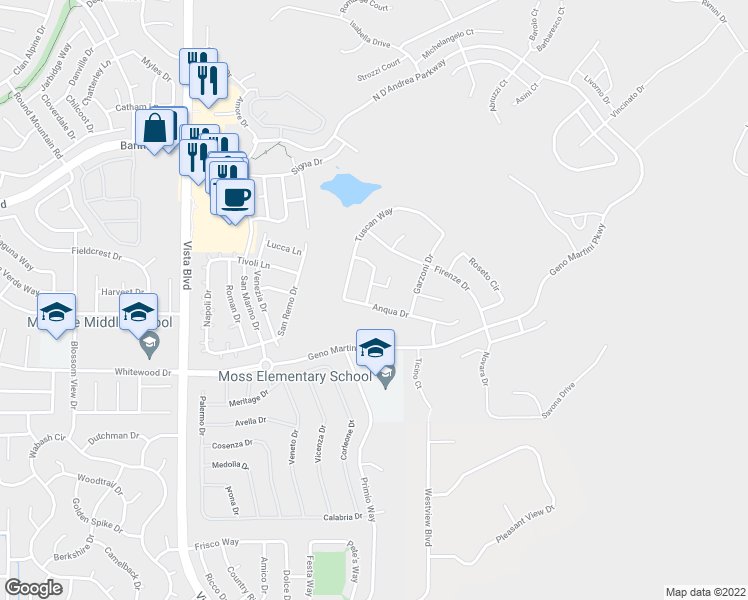 map of restaurants, bars, coffee shops, grocery stores, and more near 2434 Anqua Drive in Sparks
