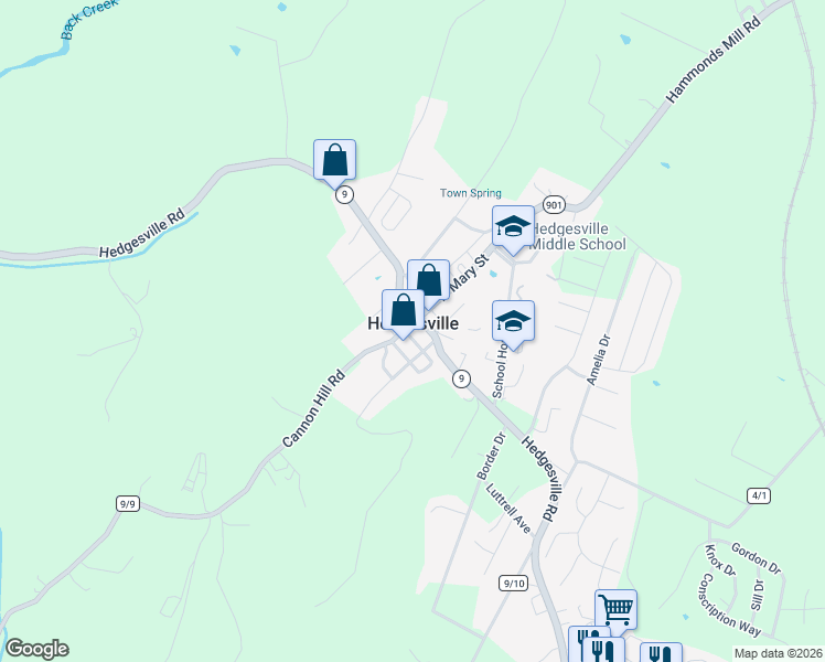 map of restaurants, bars, coffee shops, grocery stores, and more near 103 South Mary Street in Hedgesville