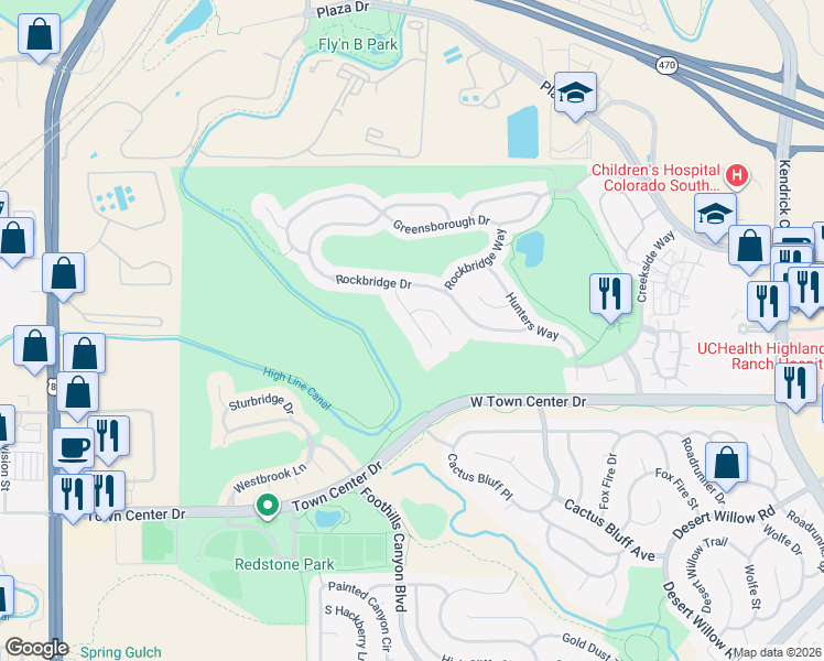 map of restaurants, bars, coffee shops, grocery stores, and more near 8981 Stonecrest Way in Littleton