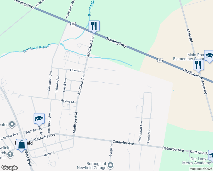 map of restaurants, bars, coffee shops, grocery stores, and more near 319 Stotesbury Avenue in Newfield