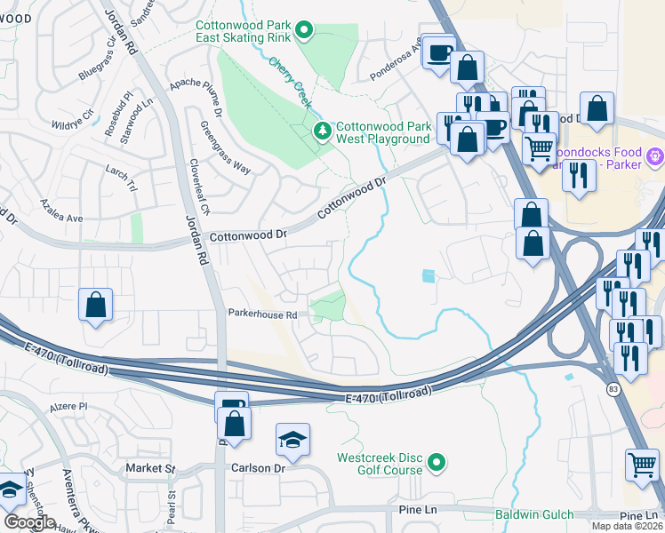 map of restaurants, bars, coffee shops, grocery stores, and more near 17359 Waterhouse Circle in Parker