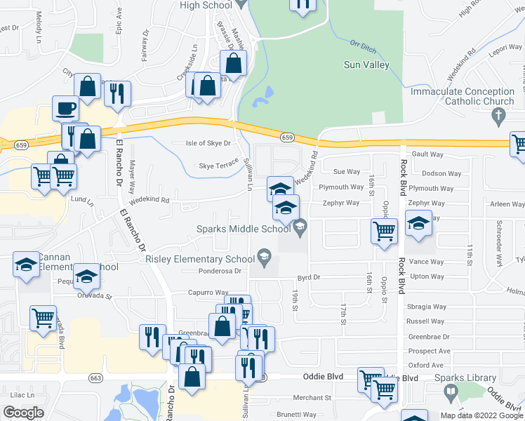 map of restaurants, bars, coffee shops, grocery stores, and more near 1980 Zephyr Way in Sparks