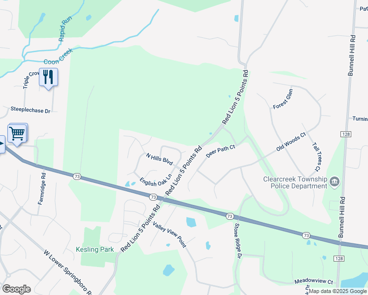 map of restaurants, bars, coffee shops, grocery stores, and more near 55 Wesley Ct in Springboro