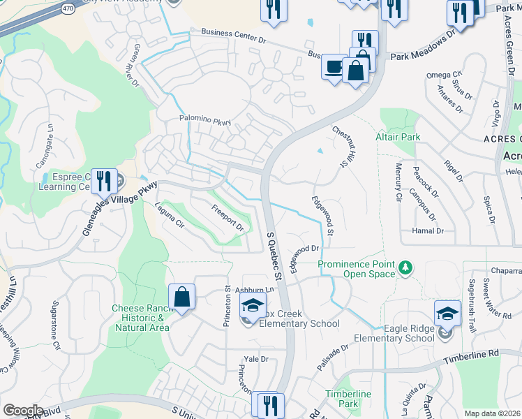 map of restaurants, bars, coffee shops, grocery stores, and more near 8988 Bermuda Run Circle in Littleton