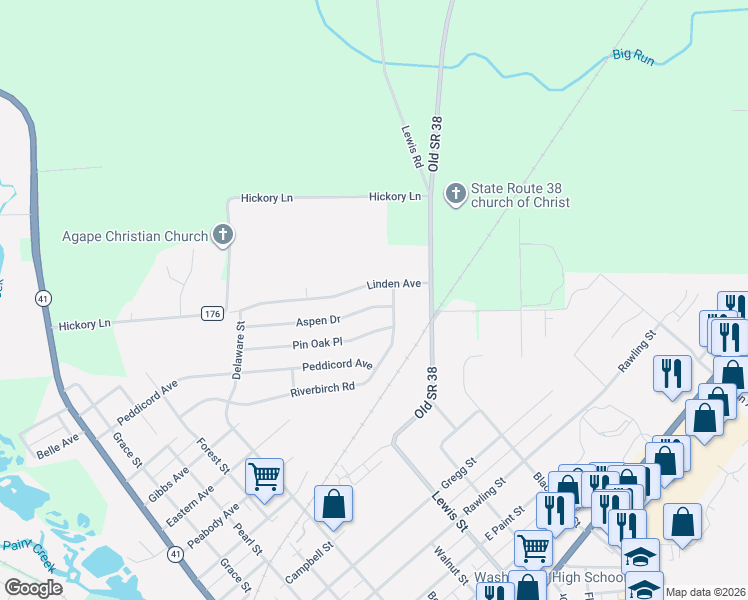 map of restaurants, bars, coffee shops, grocery stores, and more near 877 Linden Avenue in Washington Court House