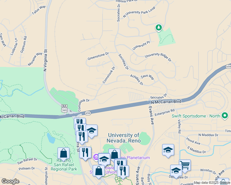 map of restaurants, bars, coffee shops, grocery stores, and more near 385 Boxer Drive in Reno