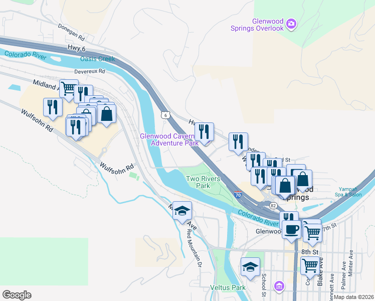 map of restaurants, bars, coffee shops, grocery stores, and more near 206 Centennial Street in Glenwood Springs