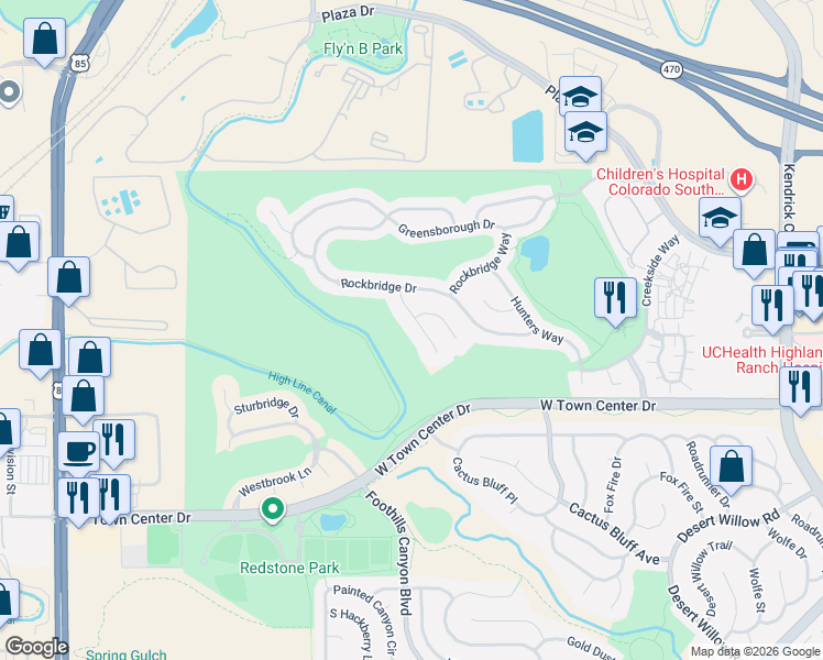 map of restaurants, bars, coffee shops, grocery stores, and more near 8981 Stonecrest Way in Littleton