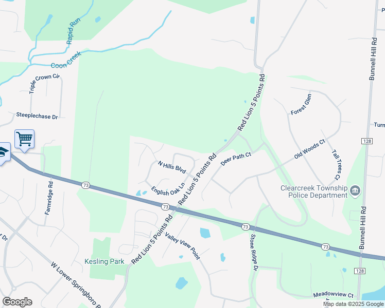 map of restaurants, bars, coffee shops, grocery stores, and more near 55 Wesley Court in Springboro