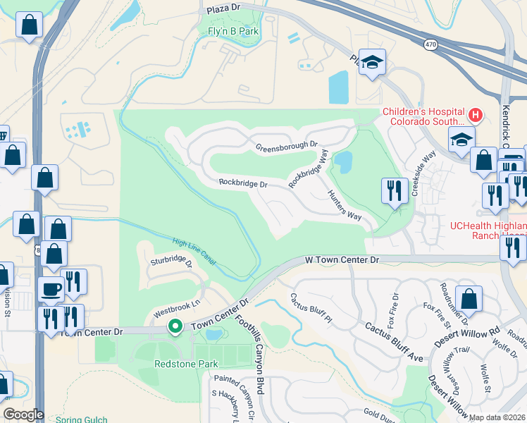 map of restaurants, bars, coffee shops, grocery stores, and more near 8981 Stonecrest Way in Littleton