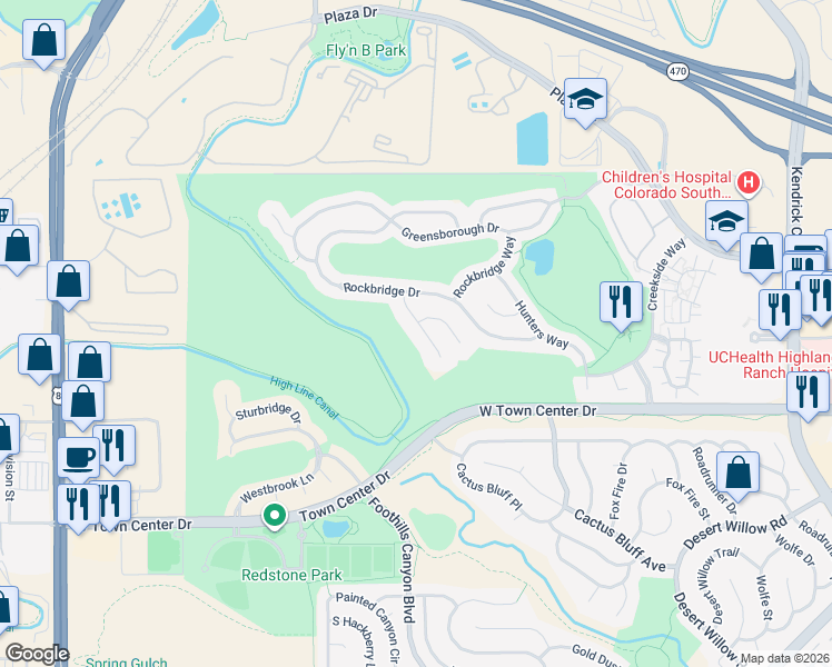 map of restaurants, bars, coffee shops, grocery stores, and more near 8981 Stonecrest Way in Littleton
