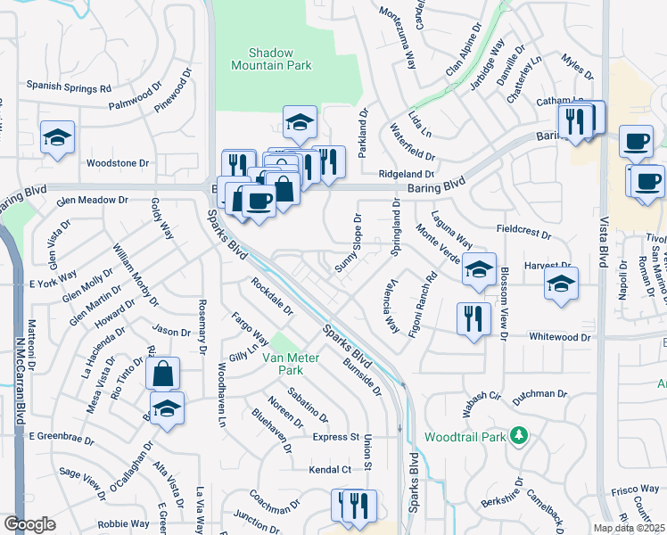 map of restaurants, bars, coffee shops, grocery stores, and more near 2546 Sunny Slope Drive in Sparks