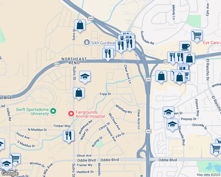 map of restaurants, bars, coffee shops, grocery stores, and more near 1548 Steelwood Lane in Reno