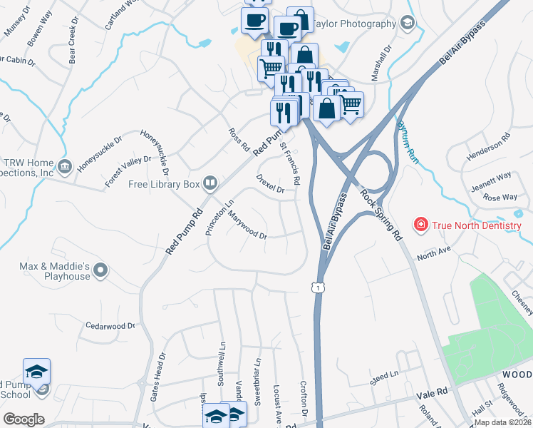 map of restaurants, bars, coffee shops, grocery stores, and more near 1309 Fordham Court in Bel Air