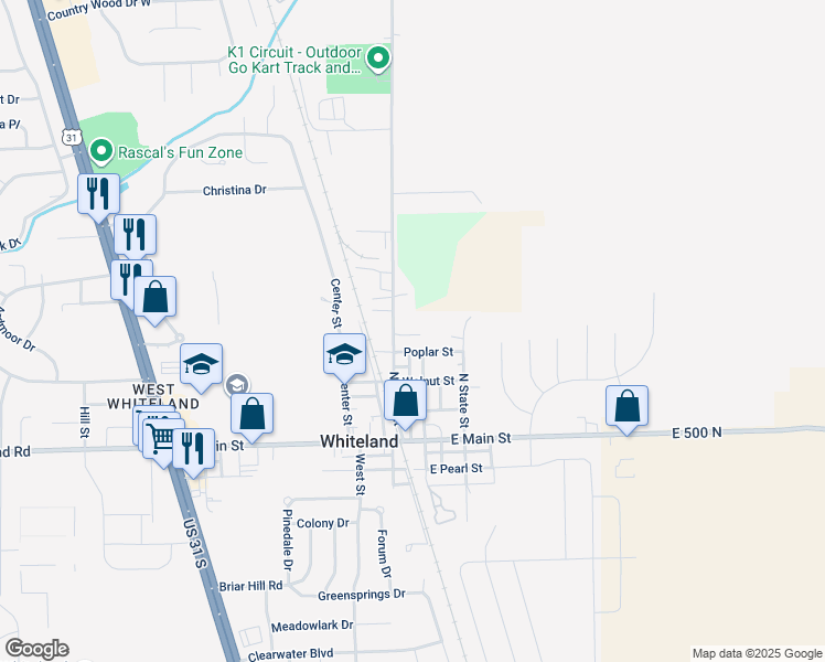 map of restaurants, bars, coffee shops, grocery stores, and more near 622 Willow Drive in Whiteland