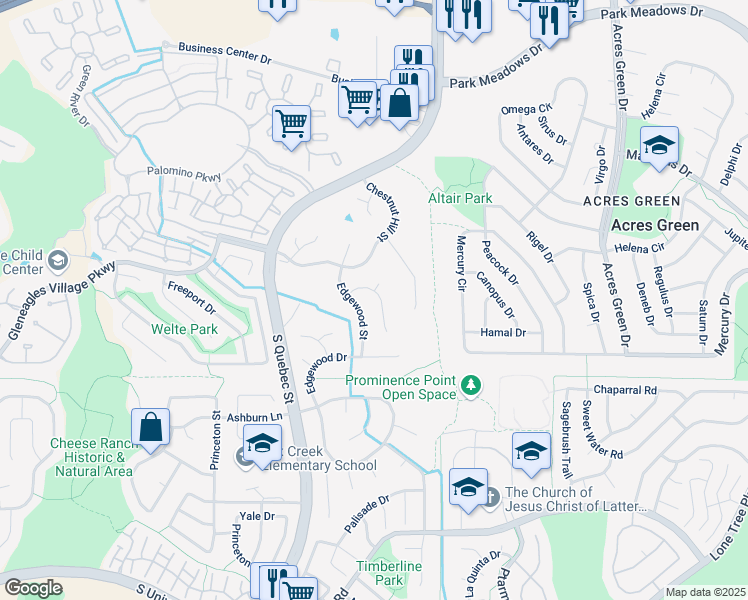 map of restaurants, bars, coffee shops, grocery stores, and more near 8955 Edgewood Lane in Littleton