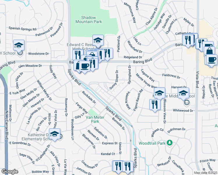 map of restaurants, bars, coffee shops, grocery stores, and more near 2546 Sunny Slope Drive in Sparks