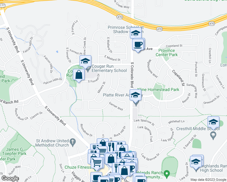 map of restaurants, bars, coffee shops, grocery stores, and more near 8903 Miners Place in Littleton
