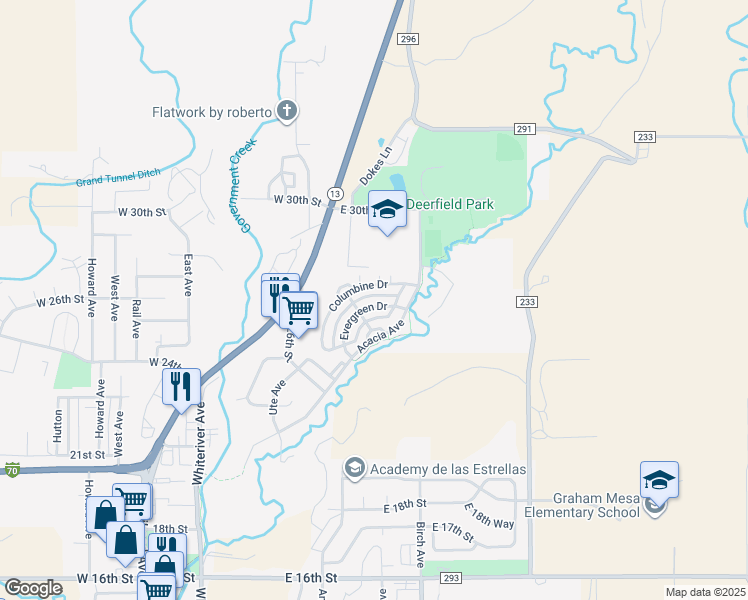 map of restaurants, bars, coffee shops, grocery stores, and more near 426 Evergreen Drive in Rifle