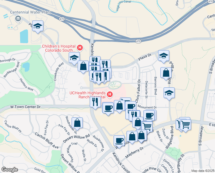 map of restaurants, bars, coffee shops, grocery stores, and more near 1365 Park Central Drive in Highlands Ranch