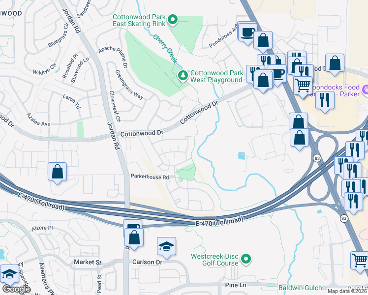 map of restaurants, bars, coffee shops, grocery stores, and more near 17358 Waterhouse Circle in Parker