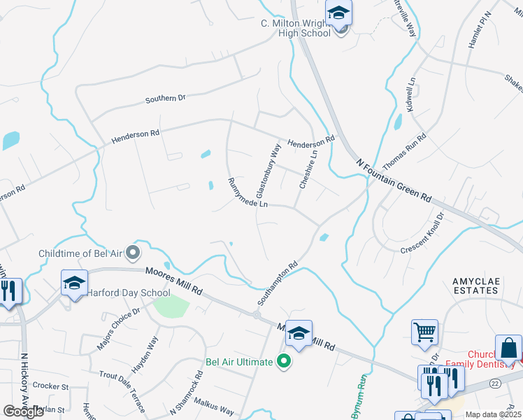 map of restaurants, bars, coffee shops, grocery stores, and more near 1119 Glastonbury Way in Bel Air