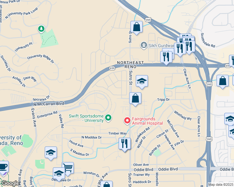 map of restaurants, bars, coffee shops, grocery stores, and more near 2185 Camellia Drive in Reno