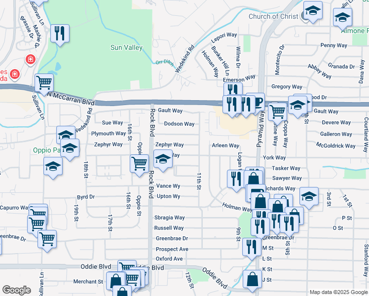 map of restaurants, bars, coffee shops, grocery stores, and more near 1185 Zephyr Way in Sparks
