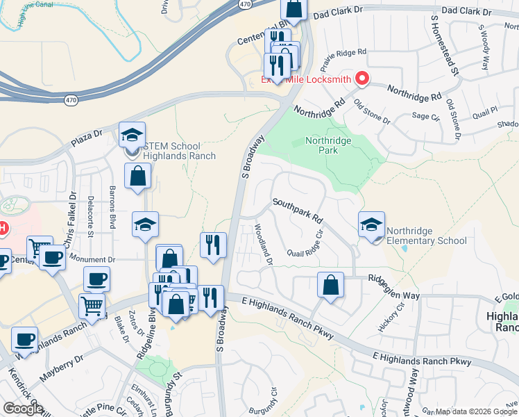 map of restaurants, bars, coffee shops, grocery stores, and more near 8990 South Coyote Street in Littleton