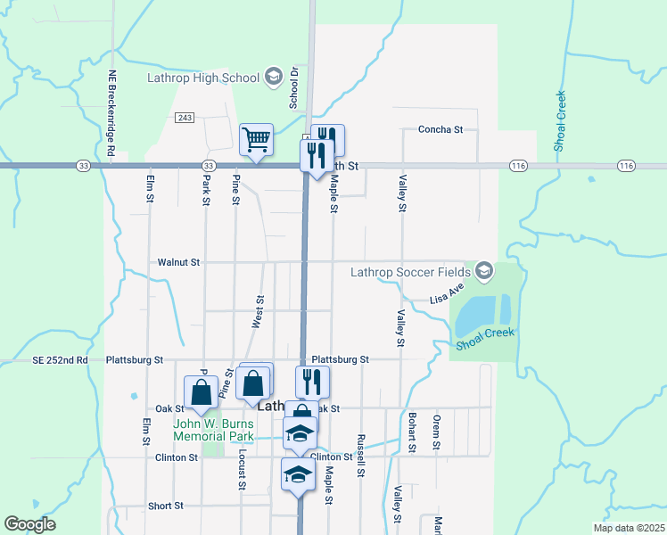 map of restaurants, bars, coffee shops, grocery stores, and more near 213 Maple Street in Lathrop