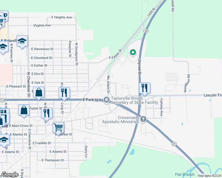 map of restaurants, bars, coffee shops, grocery stores, and more near 29 Kennedy Drive in Taylorville
