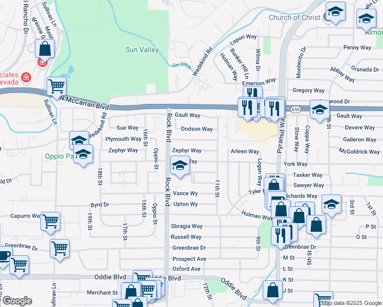 map of restaurants, bars, coffee shops, grocery stores, and more near 1305 Zephyr Way in Sparks