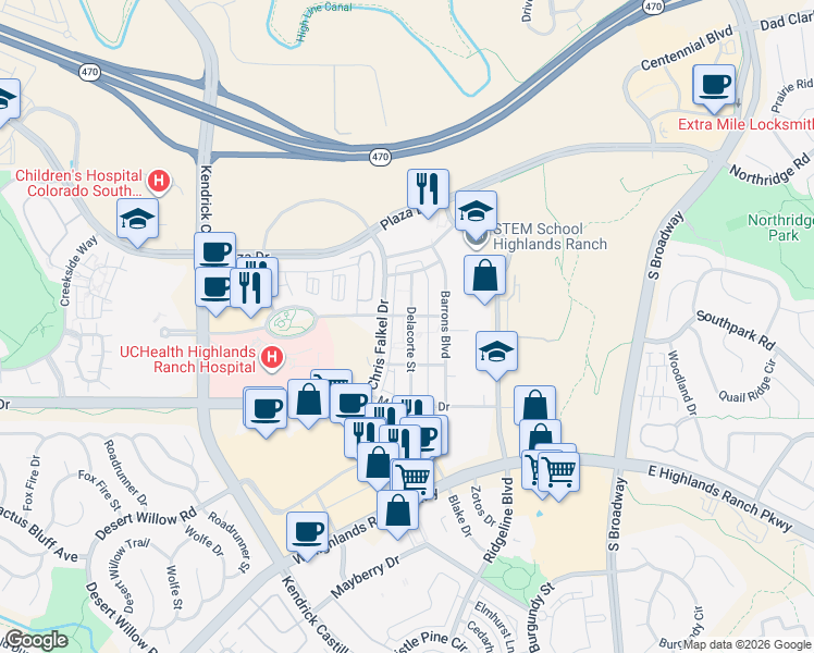 map of restaurants, bars, coffee shops, grocery stores, and more near 8955 Delacorte Street in Littleton