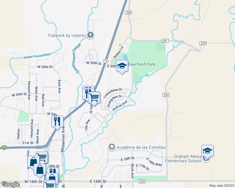map of restaurants, bars, coffee shops, grocery stores, and more near 426 Evergreen Drive in Rifle