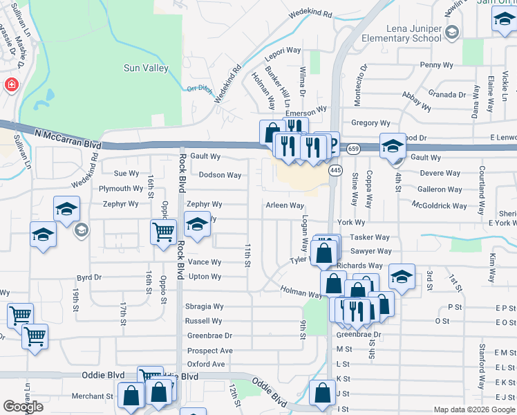 map of restaurants, bars, coffee shops, grocery stores, and more near 2495 Holman Way in Sparks